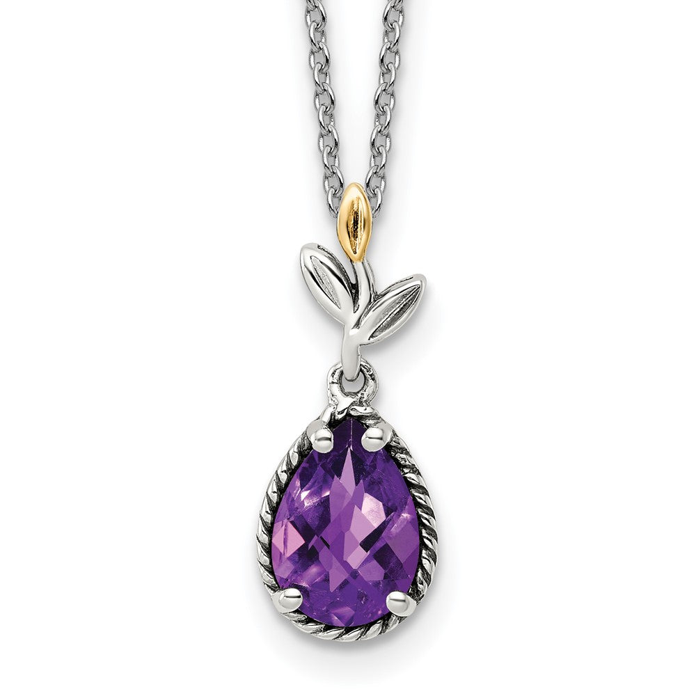 Shey Couture Sterling Silver with 14K Accent 18 Inch Leaves with Checkerboard Pear Shaped Amethyst Necklace with 2 Inch Extender QTC1748