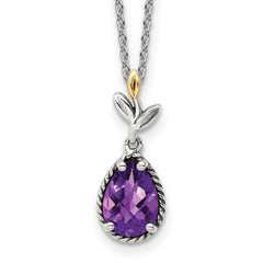 Shey Couture Sterling Silver with 14K Accent 18 Inch Leaves with Checkerboard Pear Shaped Amethyst Necklace with 2 Inch Extender QTC1748