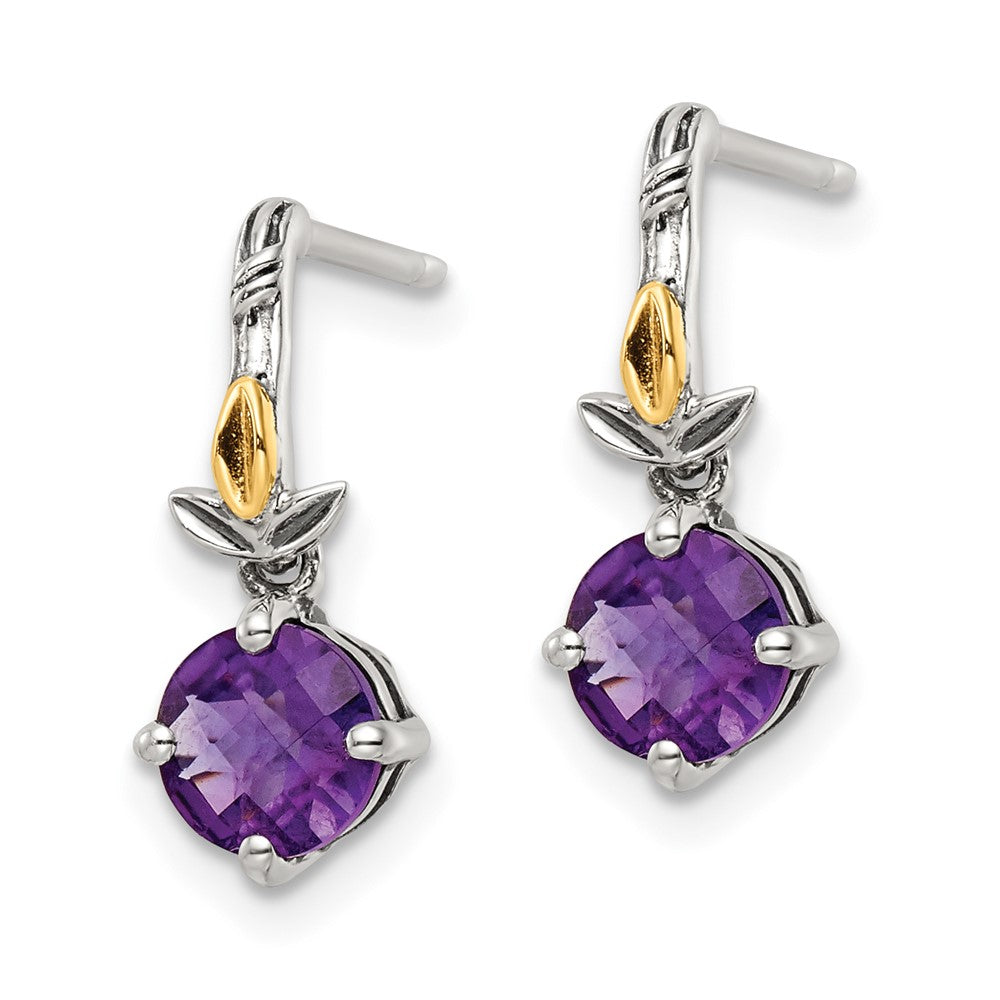 QTC1750 Shey Couture Sterling Silver with 14K Accent Leaves with Round Amethyst Dangle Post Earrings