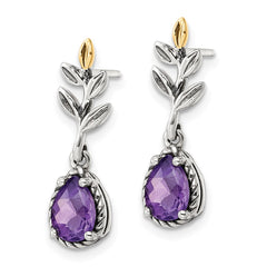 QTC1751 Shey Couture Sterling Silver with 14K Accent Leaves with Pear Shaped Checkerboard Amethyst Dangle Post Earrings