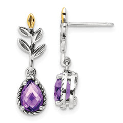 QTC1751 Shey Couture Sterling Silver with 14K Accent Leaves with Pear Shaped Checkerboard Amethyst Dangle Post Earrings