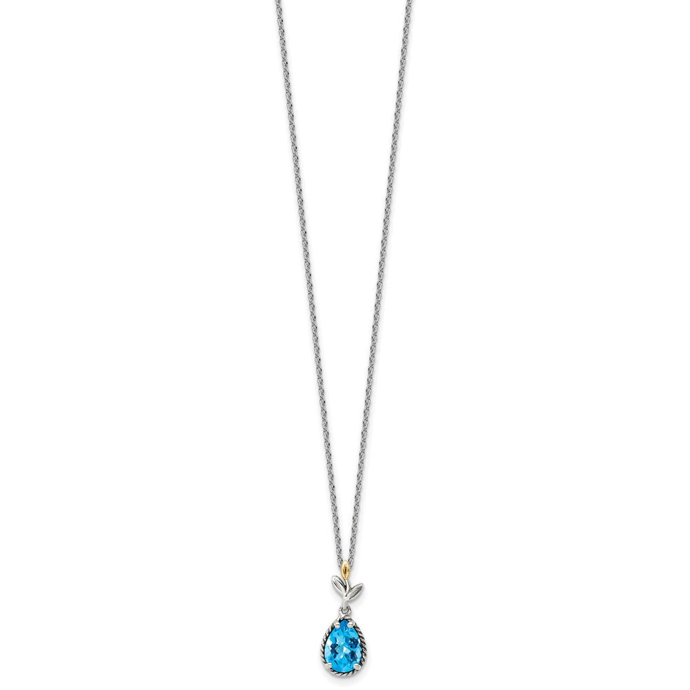 Shey Couture Sterling Silver with 14K Accent 18 Inch Leaves with Pear Shape Checkerboard Blue Topaz Necklace with 2 Inch Extender QTC1754