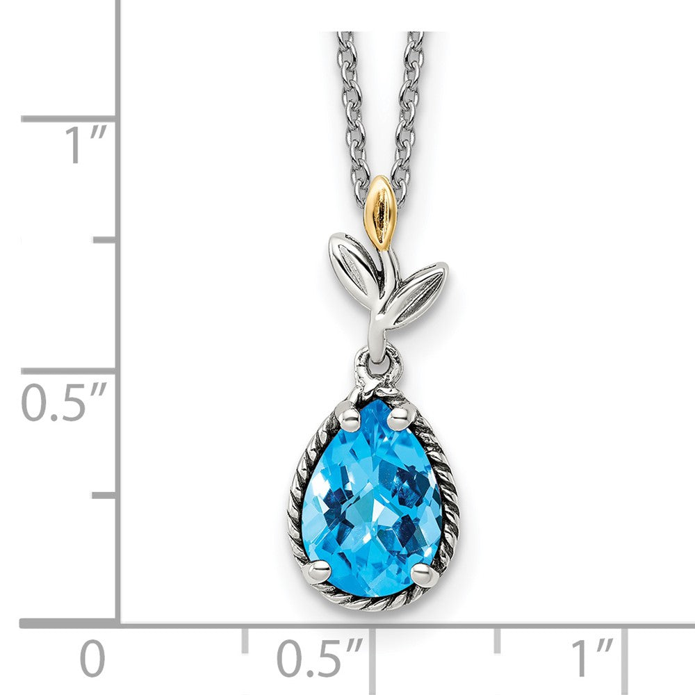 Shey Couture Sterling Silver with 14K Accent 18 Inch Leaves with Pear Shape Checkerboard Blue Topaz Necklace with 2 Inch Extender QTC1754