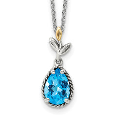 Shey Couture Sterling Silver with 14K Accent 18 Inch Leaves with Pear Shape Checkerboard Blue Topaz Necklace with 2 Inch Extender QTC1754