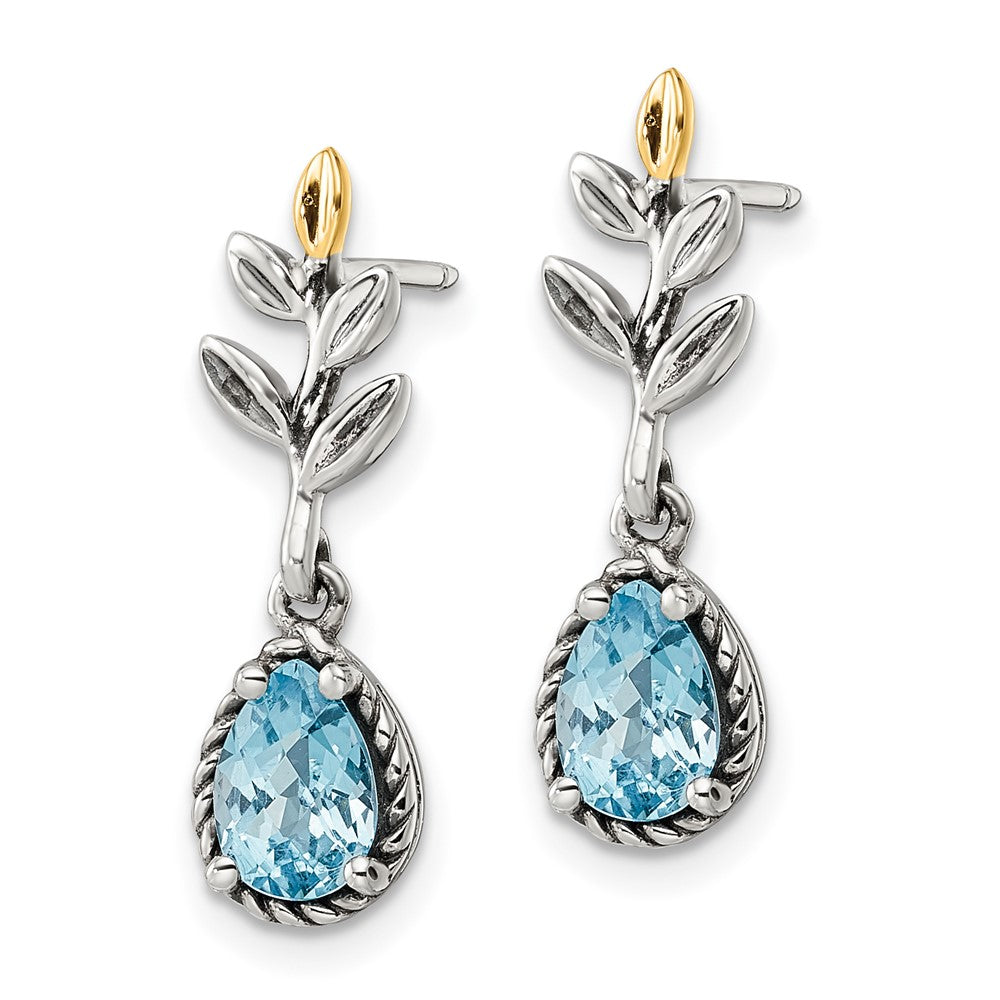 QTC1757 Shey Couture Sterling Silver with 14K Accent Antiqued Leaves Pear Shaped Checkerboard Light Swiss Blue Topaz Post Dangle Earrings