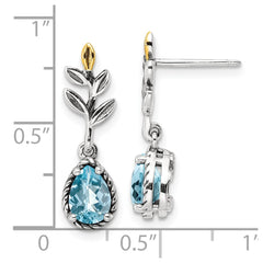 QTC1757 Shey Couture Sterling Silver with 14K Accent Antiqued Leaves Pear Shaped Checkerboard Light Swiss Blue Topaz Post Dangle Earrings