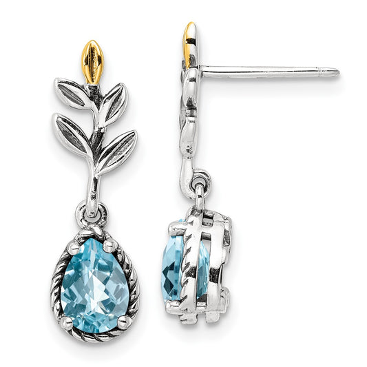 QTC1757 Shey Couture Sterling Silver with 14K Accent Antiqued Leaves Pear Shaped Checkerboard Light Swiss Blue Topaz Post Dangle Earrings