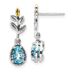 QTC1757 Shey Couture Sterling Silver with 14K Accent Antiqued Leaves Pear Shaped Checkerboard Light Swiss Blue Topaz Post Dangle Earrings
