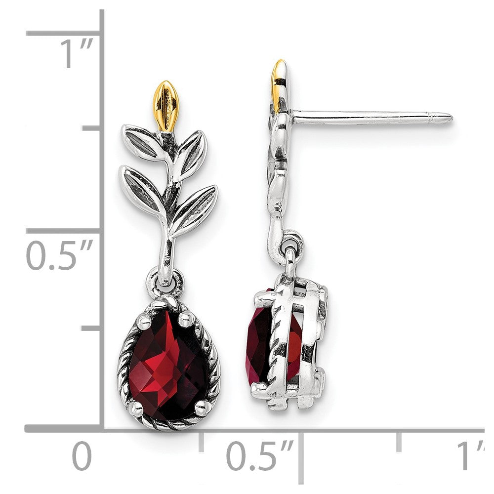 QTC1763 Shey Couture Sterling Silver with 14K Accent 18 Inch Antiqued Leaves Pear Shaped Checkerboard Garnet Leaves Dangle Post Earrings