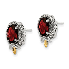 QTC1764 Shey Couture Sterling Silver with 14K Accent Antiqued Checkerboard Oval Garnet Post Earrings