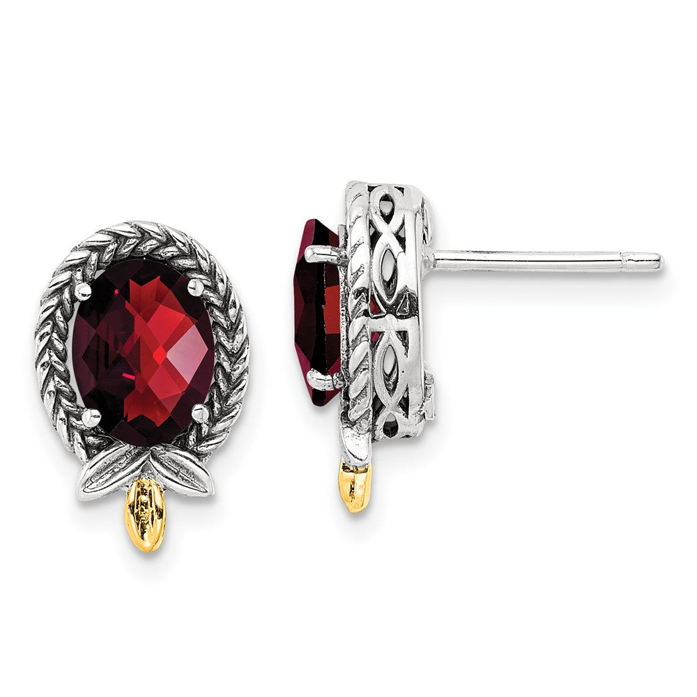 QTC1764 Shey Couture Sterling Silver with 14K Accent Antiqued Checkerboard Oval Garnet Post Earrings