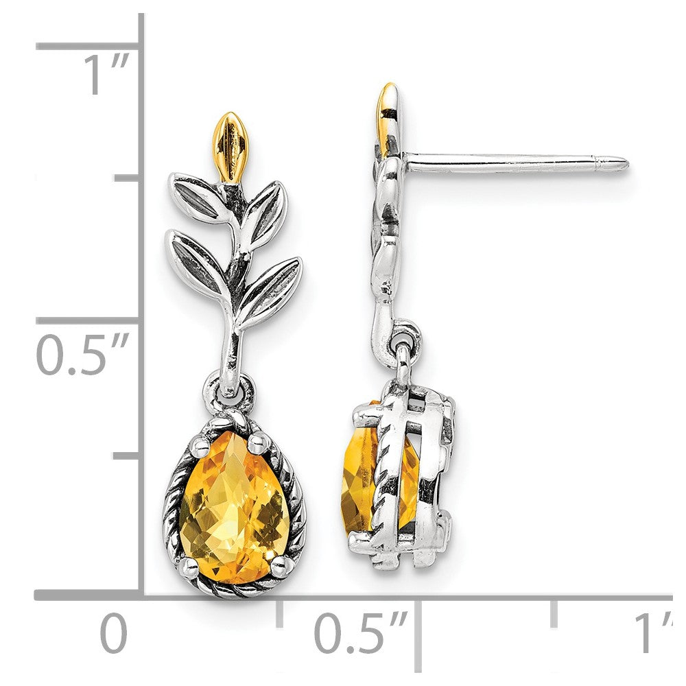 QTC1767 Shey Couture Sterling Silver with 14K Accent Antiqued Leaf Pear Shaped Citrine Dangle Post Earrings