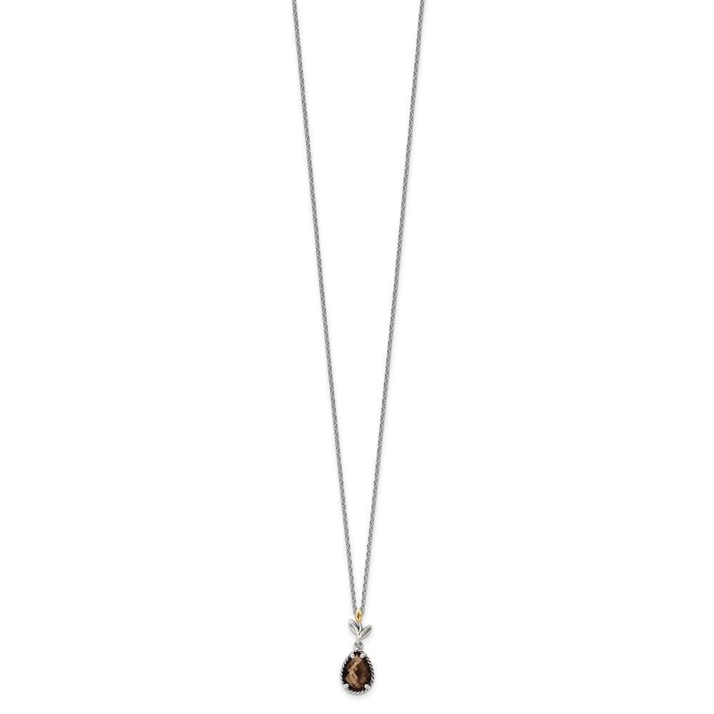Shey Couture Sterling Silver with 14K Accent 18 Inch Leaves with Pear Shaped Checkerboard Smoky Quartz Necklace with 2 Inch Extender QTC1771