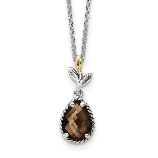Shey Couture Sterling Silver with 14K Accent 18 Inch Leaves with Pear Shaped Checkerboard Smoky Quartz Necklace with 2 Inch Extender QTC1771