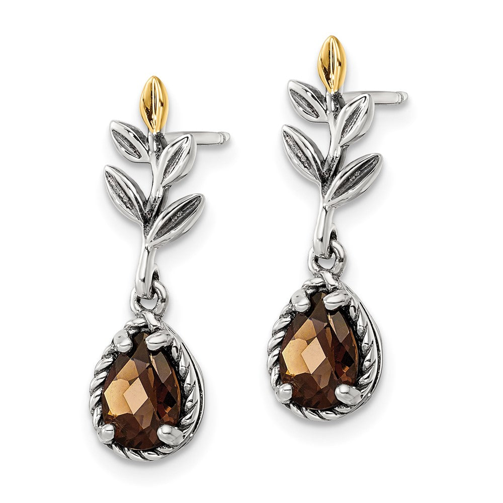 QTC1773 Shey Couture Sterling Silver with 14K Accent Leaves Pear Shaped Checkerboard Smoky Quartz Dangle Post Earrings