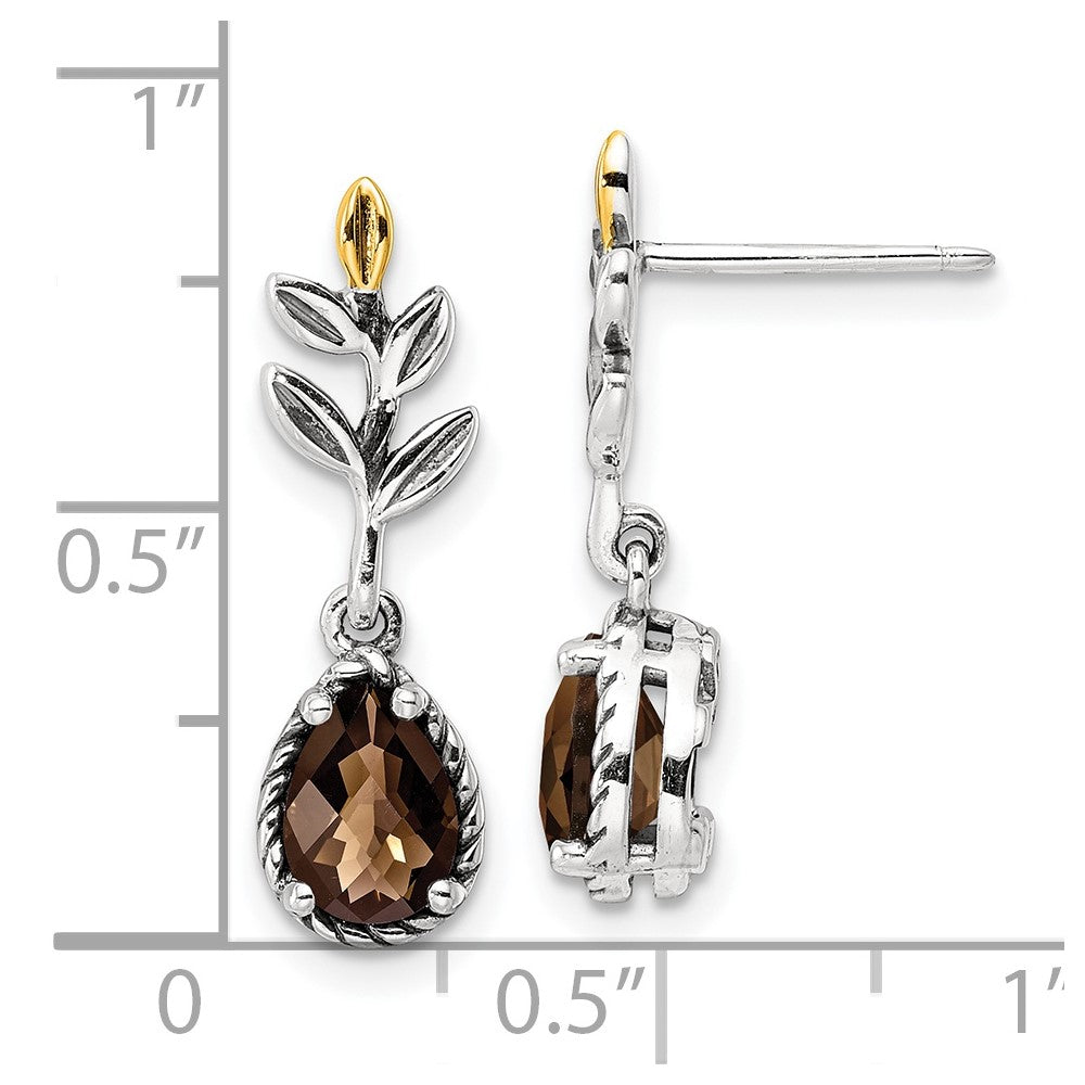 QTC1773 Shey Couture Sterling Silver with 14K Accent Leaves Pear Shaped Checkerboard Smoky Quartz Dangle Post Earrings