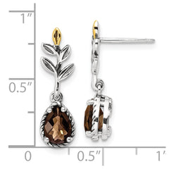 QTC1773 Shey Couture Sterling Silver with 14K Accent Leaves Pear Shaped Checkerboard Smoky Quartz Dangle Post Earrings