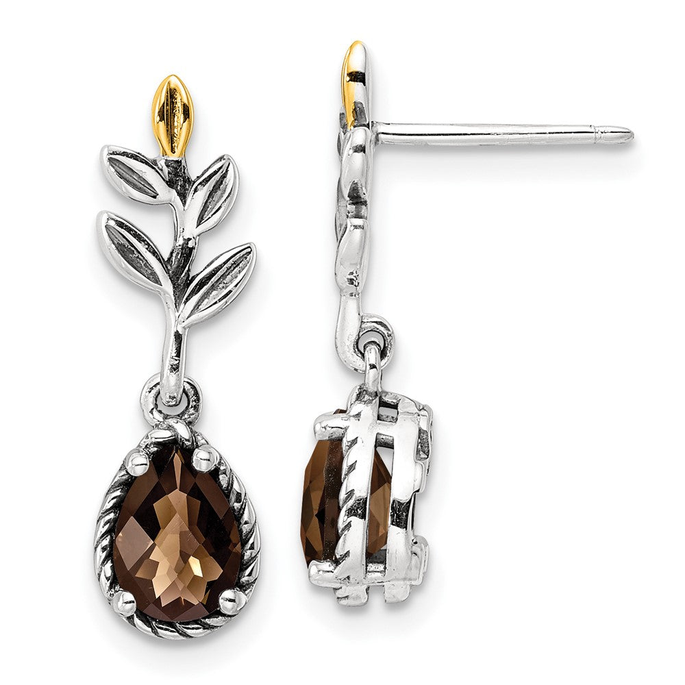 QTC1773 Shey Couture Sterling Silver with 14K Accent Leaves Pear Shaped Checkerboard Smoky Quartz Dangle Post Earrings
