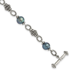 Shey Couture Sterling Silver Antiqued 8-8.5mm Freshwater Cultured Black Pearl 8 inch Toggle Bracelet QTC1782
