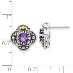 QTC1792 Shey Couture Sterling Silver with 14k Accent Antiqued .91 Amethyst / .11Swiss Blue Topaz Post Earrings