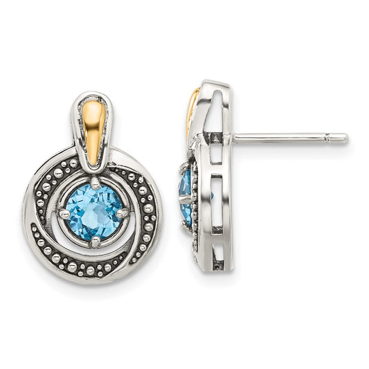 QTC1803 Shey Couture Sterling Silver Antiqued with 14k Accent Light Swiss Blue Topaz Post Earrings