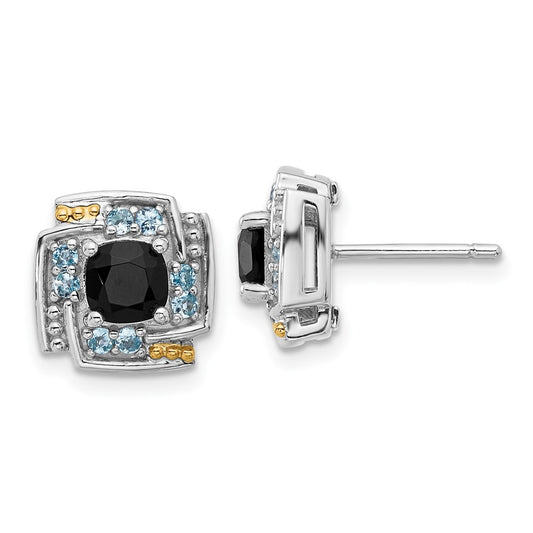 QTC1806 Shey Couture Sterling Silver Rhodium-plated with 14k Accent .96 Onyx / .33 Swiss Blue Topaz Post Earrings