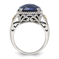 Shey Couture Sterling Silver with 14k Antiqued Lab Created Checker Cushion Sapphire Ring