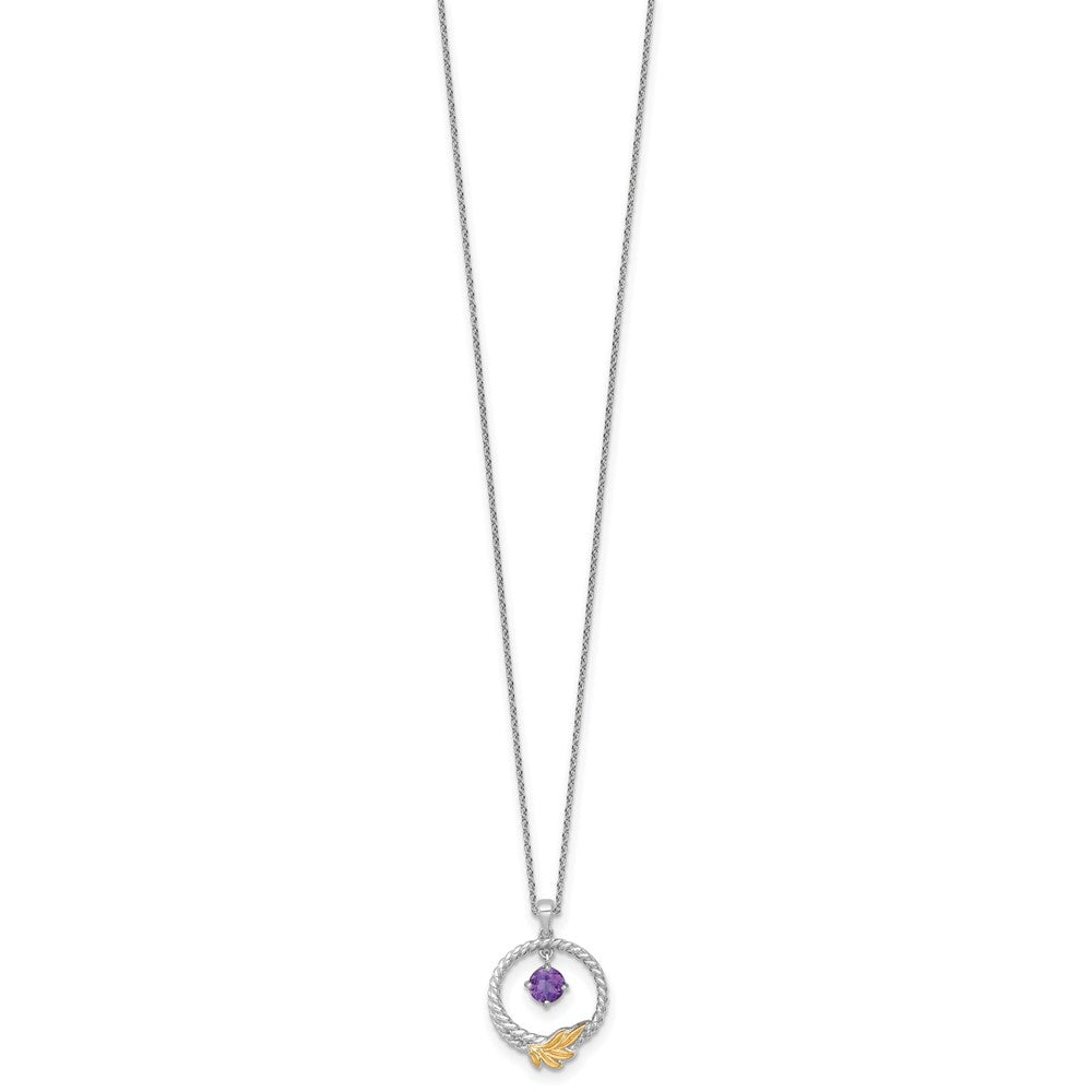 Shey Couture Sterling Silver Rhodium-plated Twisted Circle with 14k Leaf Accent Round Amethyst Dangle 18 inch with 2 inch Extension Necklace QTC1832
