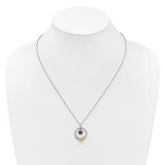 Shey Couture Sterling Silver Rhodium-plated Twisted Circle with 14k Leaf Accent Round Amethyst Dangle 18 inch with 2 inch Extension Necklace QTC1832