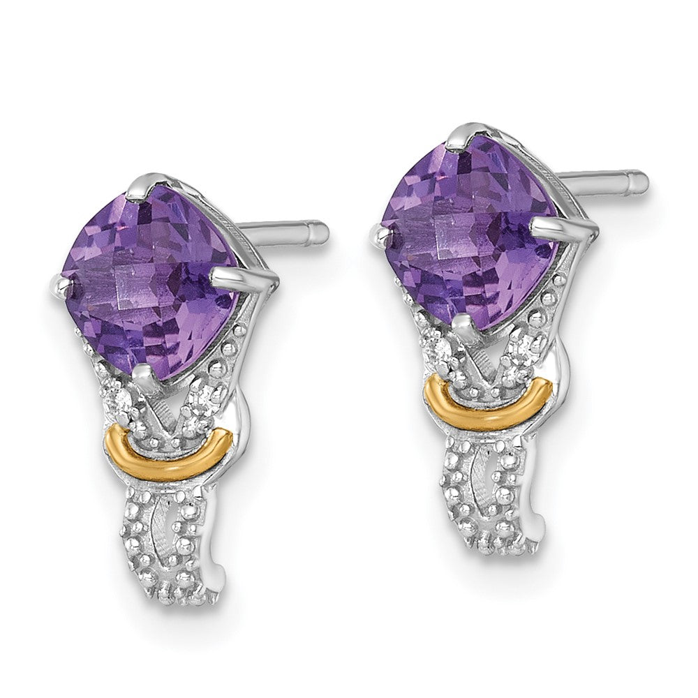 QTC1835 Shey Couture Sterling Silver Rhodium-plated with 14k Accent Checker-cut Cushion Amethyst and .02ct. Diamond Post Earrings