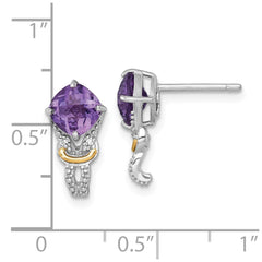 QTC1835 Shey Couture Sterling Silver Rhodium-plated with 14k Accent Checker-cut Cushion Amethyst and .02ct. Diamond Post Earrings