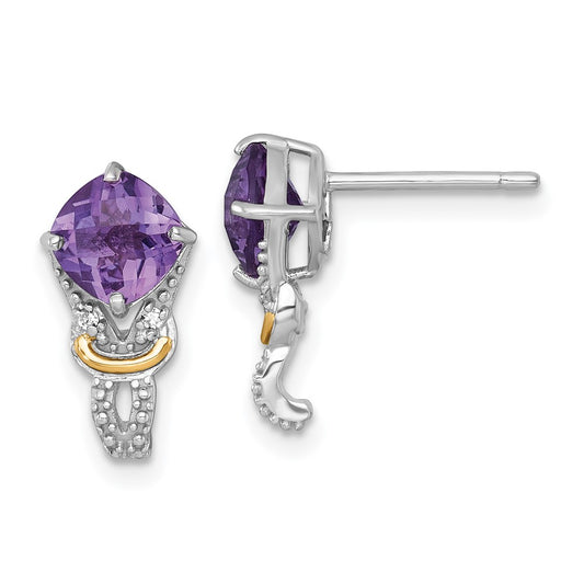 QTC1835 Shey Couture Sterling Silver Rhodium-plated with 14k Accent Checker-cut Cushion Amethyst and .02ct. Diamond Post Earrings