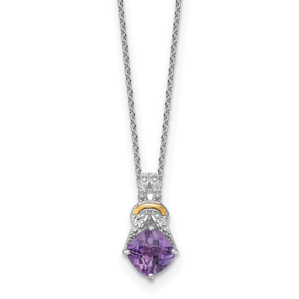 Shey Couture Sterling Silver Rhodium-plated w/14k Accent Checker-cut Cushion Amethyst and .04ct Diamond 18 inch with 2 inch Extension Necklace QTC1836
