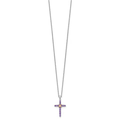 Shey Couture Sterling Silver Rhodium-plated with 14k -X- Accent Round Amethyst Cross 18 inch with 2 inch Extension Necklace QTC1842