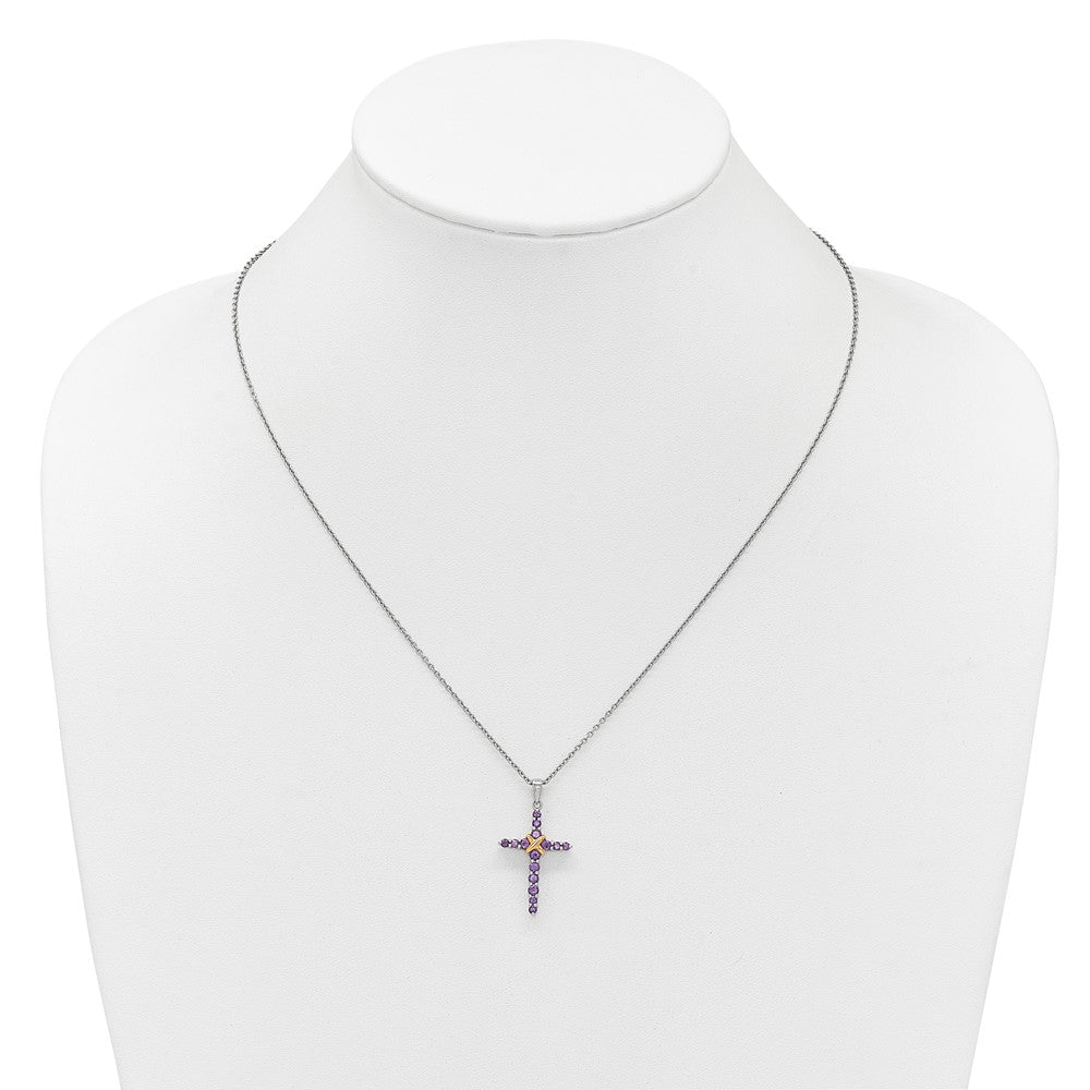Shey Couture Sterling Silver Rhodium-plated with 14k -X- Accent Round Amethyst Cross 18 inch with 2 inch Extension Necklace QTC1842