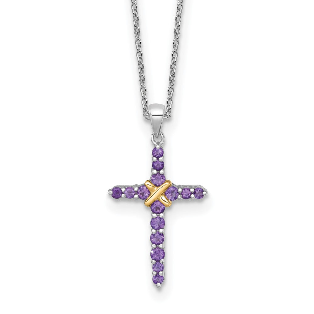 Shey Couture Sterling Silver Rhodium-plated with 14k -X- Accent Round Amethyst Cross 18 inch with 2 inch Extension Necklace QTC1842