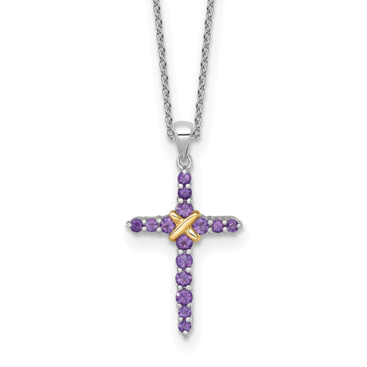 Shey Couture Sterling Silver Rhodium-plated with 14k -X- Accent Round Amethyst Cross 18 inch with 2 inch Extension Necklace QTC1842