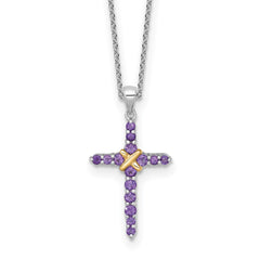Shey Couture Sterling Silver Rhodium-plated with 14k -X- Accent Round Amethyst Cross 18 inch with 2 inch Extension Necklace QTC1842