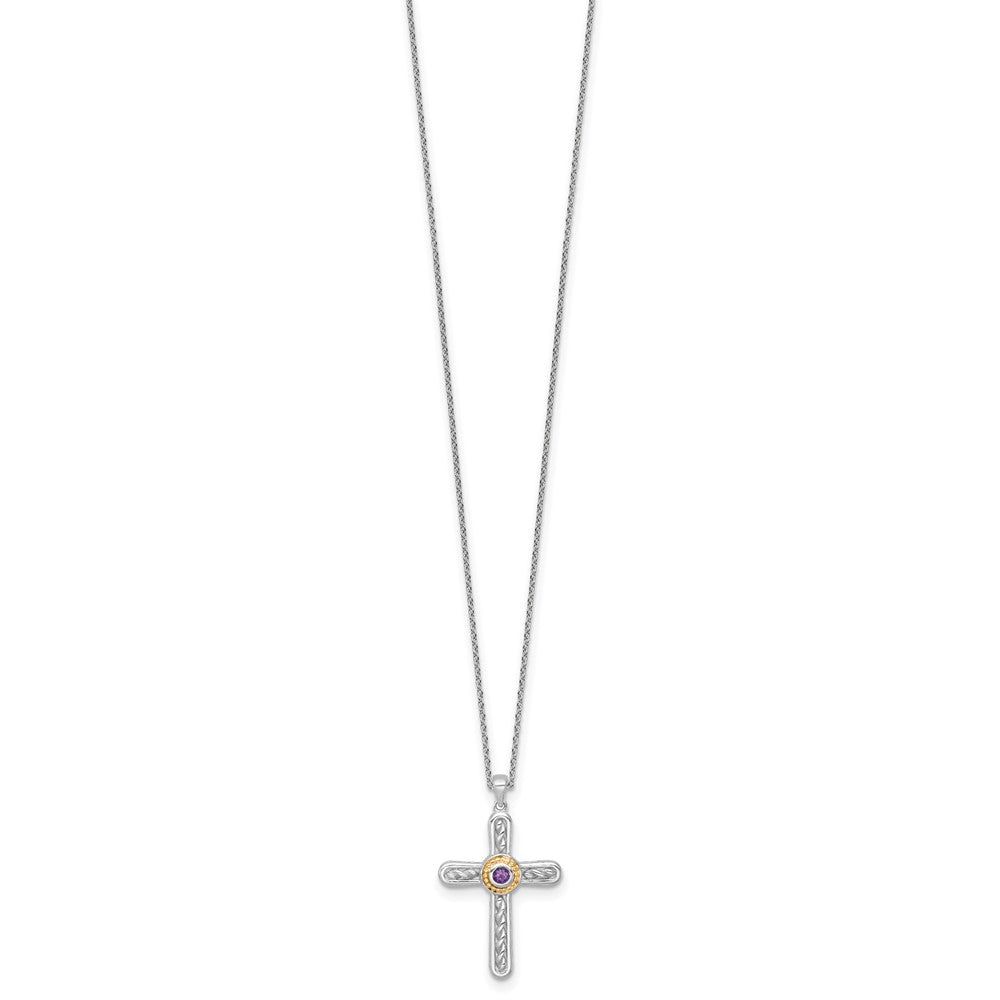 Shey Couture Sterling Silver Rhodium-plated with 14k Accent Round Amethyst Textured Cross 18 inch with 2 inch Extension Necklace QTC1843