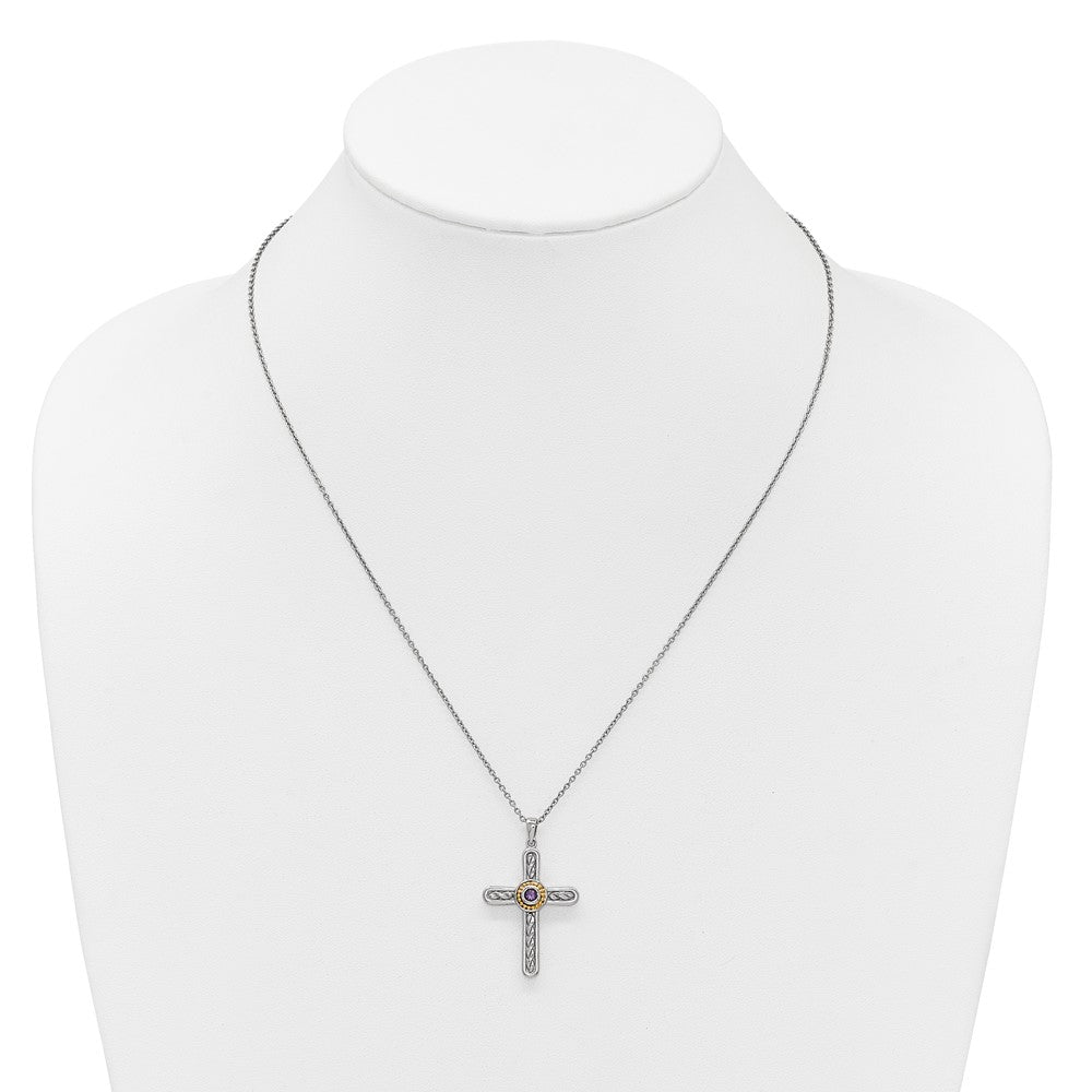 Shey Couture Sterling Silver Rhodium-plated with 14k Accent Round Amethyst Textured Cross 18 inch with 2 inch Extension Necklace QTC1843