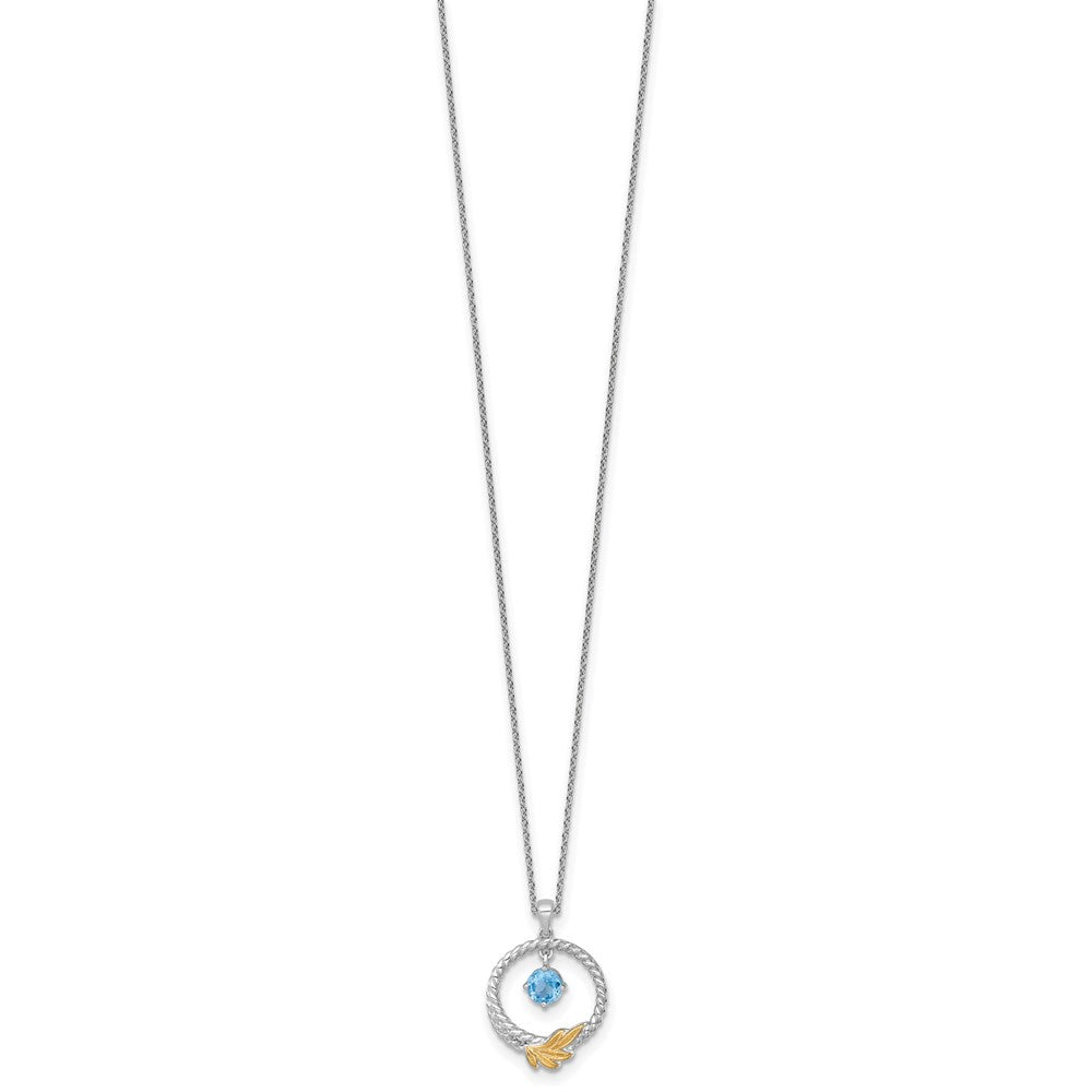 Shey Couture Sterling Silver Rhodium-plated Twisted Circle with 14k Leaf Accent Round Light Swiss Blue Topaz 18 inch with 2 inch Extension Necklace QTC1845