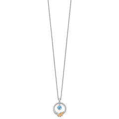 Shey Couture Sterling Silver Rhodium-plated Twisted Circle with 14k Leaf Accent Round Light Swiss Blue Topaz 18 inch with 2 inch Extension Necklace QTC1845