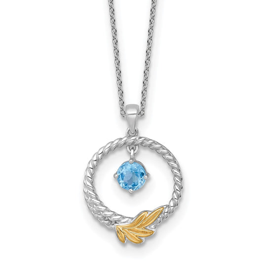 Shey Couture Sterling Silver Rhodium-plated Twisted Circle with 14k Leaf Accent Round Light Swiss Blue Topaz 18 inch with 2 inch Extension Necklace QTC1845