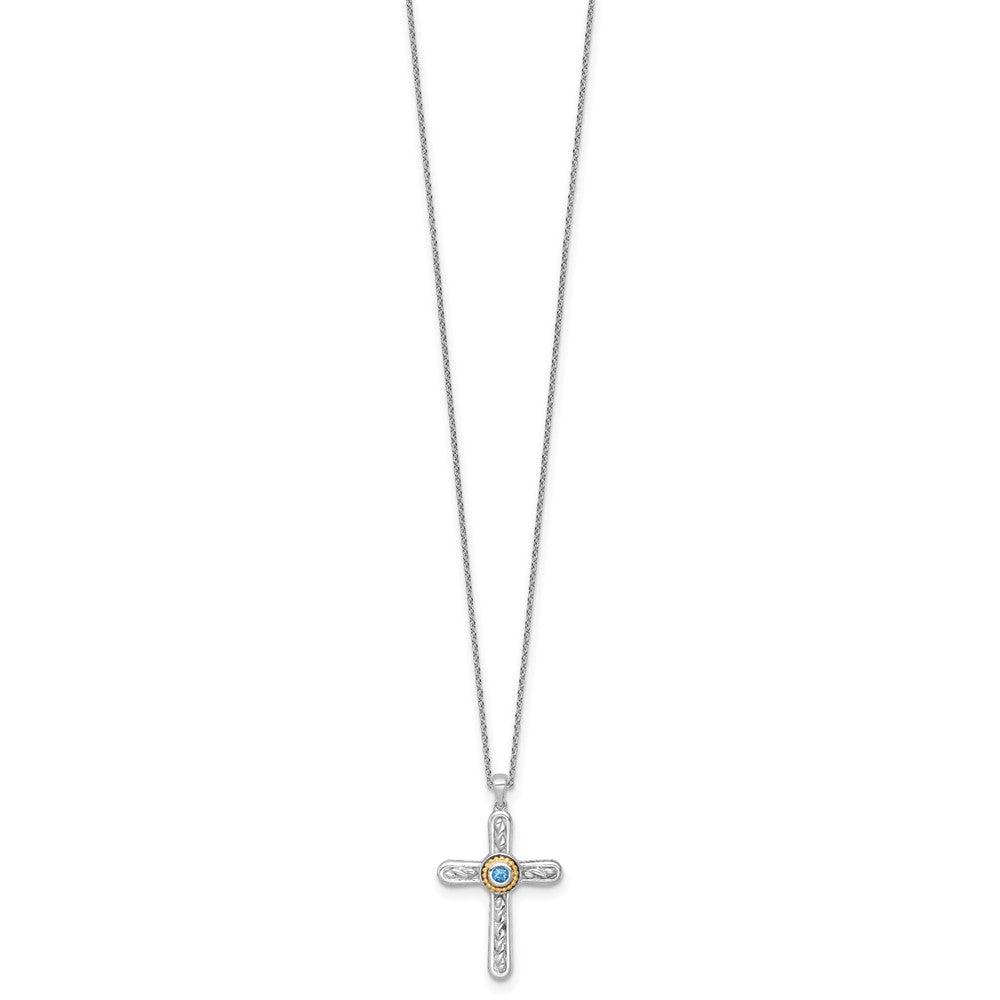 Shey Couture Sterling Silver Rhodium-plated with 14k Accent Round London Blue Topaz Textured Cross 18 inch with 2 inch Extension Necklace QTC1851