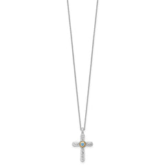Shey Couture Sterling Silver Rhodium-plated with 14k Accent Round London Blue Topaz Textured Cross 18 inch with 2 inch Extension Necklace QTC1851