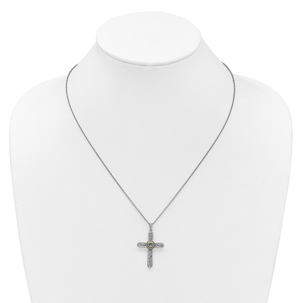 Shey Couture Sterling Silver Rhodium-plated with 14k Accent Round London Blue Topaz Textured Cross 18 inch with 2 inch Extension Necklace QTC1851