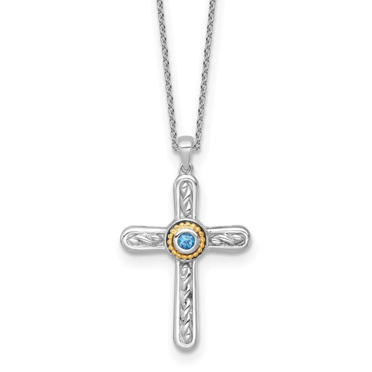 Shey Couture Sterling Silver Rhodium-plated with 14k Accent Round London Blue Topaz Textured Cross 18 inch with 2 inch Extension Necklace QTC1851