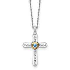 Shey Couture Sterling Silver Rhodium-plated with 14k Accent Round London Blue Topaz Textured Cross 18 inch with 2 inch Extension Necklace QTC1851
