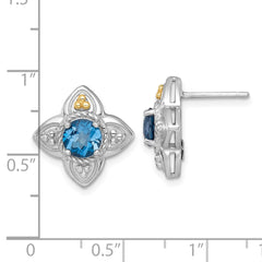 QTC1852 Shey Couture Sterling Silver Rhodium-plated with 14k Accent Round London Blue Topaz Flower Post Earrings