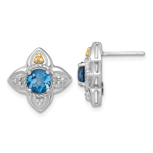 QTC1852 Shey Couture Sterling Silver Rhodium-plated with 14k Accent Round London Blue Topaz Flower Post Earrings